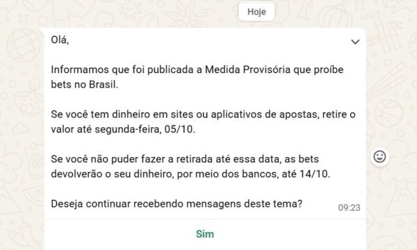 Governo Lula envia aviso por WhatsApp sobre fim das bets no Brasil